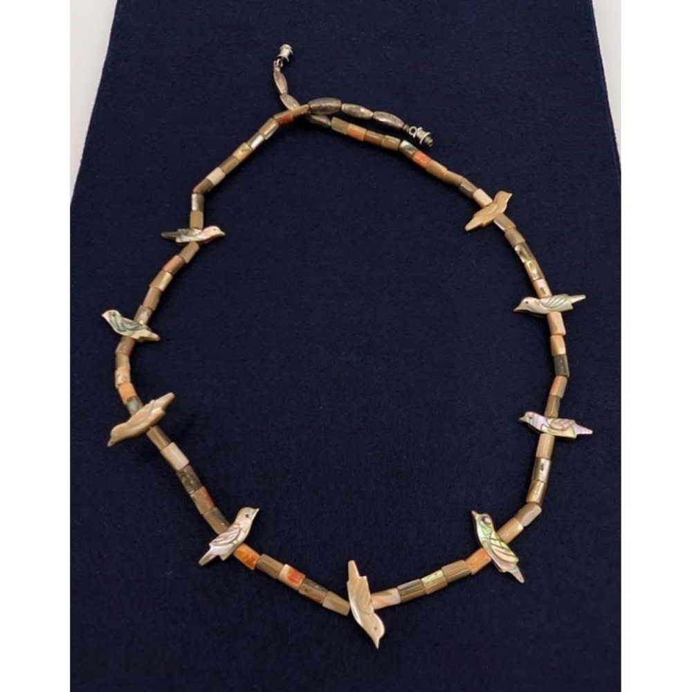 Vintage Birds‎ Fetish Necklace Carved Mother of Pearl Earth Tones Southwestern